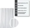 A white curtain is shown next to a care label with washing instructions. Produktbild-Vorschau