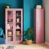 A pink metal cabinet and a pink glass-fronted cabinet are shown in a room with blue walls and a wooden floor. Produktbild-Vorschau