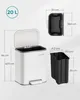 A white pedal trash can with its dimensions shown, alongside a black inner bin and its dimensions. Produktbild-Vorschau