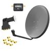 A satellite dish kit with accessories, laid out on a white background. Produktbild-Vorschau