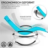 A blue garden lounger with a silver frame, shown in a dynamic pose to illustrate its rocking function, with accompanying text and icons. Produktbild-Vorschau