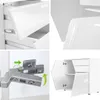 A collage of four images showing details of a white sideboard, including drawers, a hinge, and the open cabinet. Produktbild-Vorschau