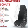 A black car seat cover is shown with water splashing around it, highlighting its water-repellent features. Text and icons describe its protective qualities. Produktbild-Vorschau