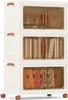 A stack of three white storage boxes with transparent brown doors and copper handles, each containing different items. Voir les images du produit