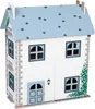 A toy dollhouse with a blue roof and white walls, decorated with gray stone accents and green ivy. Produktbild-Vorschau