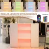 A white reception desk with LED lighting, shown with different color options and control interfaces. Produktbild-Vorschau
