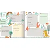 An open book with illustrated pages, featuring dinosaurs and text fields for personal information. Produktbild-Vorschau
