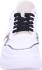 A close-up, front-facing view of a white sneaker with black laces. Produktbild-Vorschau