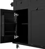 A close-up view of a black kitchen island with one door open, revealing shelves inside. The wheels are also visible. Náhled obrázku produktu