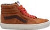 A side view of a brown Vans Sk8-Hi sneaker with red laces. Voir les images du produit