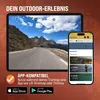 A tablet and smartphone displaying a cycling app interface, with text overlays promoting outdoor experiences and app compatibility. Produktbild-Vorschau