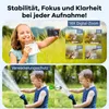 A collage showing a girl eating chocolate and a child playing with a hose, with text overlays highlighting camera features. Produktbild-Vorschau