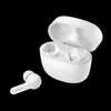 A pair of white wireless earbuds and their charging case are displayed against a black background. Podgląd zdjęcia produktu