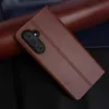 A close-up shot of a brown leather flip phone case with a camera cutout. Produktbild-Vorschau