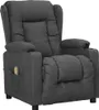 A dark gray fabric massage recliner chair with a remote control in a side pocket and cup holders on the armrests.