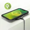 A smartphone is wirelessly charging on a charging pad, with a Qi logo in the background. Produktbild-Vorschau