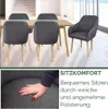 A dining room scene with chairs around a table, and a close-up of a hand touching the upholstery. Produktbild-Vorschau