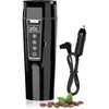 A black electric travel mug with a digital display and a car charger cable, shown on a white background with coffee beans and leaves. Produktbild-Vorschau