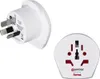 Two white travel adapters are shown against a white background. One adapter is a UK plug adapter, and the other is a universal socket adapter. Produktbild-Vorschau