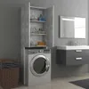 A modern bathroom with a washing machine and storage cabinet next to a vanity with a mirror. Produktbild-Vorschau
