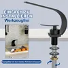 A black faucet is shown with text overlays highlighting installation features and compatibility. A smaller inset image shows the faucet installed in a sink with fruit. Produktbild-Vorschau