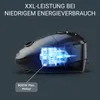 A vacuum cleaner with a cutaway view showing the internal motor, highlighted with blue light. Text overlays describe its features. Produktbild-Vorschau