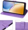 A collage of images showing a purple flip phone case for a ZTE Blade A56, with close-ups of the embossed floral pattern and the magnetic clasp. Produktbild-Vorschau