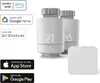 Marketing image showing smart thermostats and a hub, with compatibility logos and app store badges. Náhľad obrázku produktu