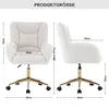 A size chart showing two views of a cream-colored teddy fabric office chair with golden legs and wheels, with dimensions indicated by measurement lines and numbers. Produktbild-Vorschau