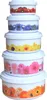 A stack of five white plastic food storage containers with floral designs. Produktbild-Vorschau
