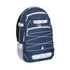 A blue backpack with white accents is shown against a white background. Produktbild-Vorschau