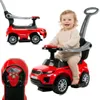 A collage of images showing a red ride-on car with a push handle, a close-up of its steering wheel, and a baby sitting in the car. Podgląd zdjęcia produktu
