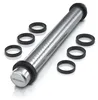 A stainless steel rolling pin with adjustable thickness rings and measurement markings, presented on a white background. Produktbild-Vorschau