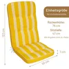 A yellow and white striped chair cushion with dimensions indicated by text and arrows. Produktbild-Vorschau