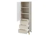 A tall, narrow cabinet with one door open, revealing shelves and three drawers. The cabinet has gold-colored metal handles and legs. Voir les images du produit