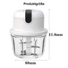 A white electric mini chopper with a transparent glass bowl is shown against a white background. Dimensions are indicated by text. Produktbild-Vorschau