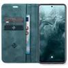 A teal flip-style phone case with card slots and a phone inserted, displaying the time and date on its screen. Produktbild-Vorschau