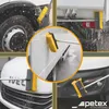 A collage of four images showing a telescopic car wash brush being used to clean different parts of a vehicle, with a central circular inset showing a close-up of the brush on a vehicle panel. Náhľad obrázku produktu