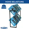 A metal rack holding several blue crates of bottles, with text overlays indicating load capacity and branding. Náhled obrázku produktu