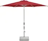A red patio umbrella with a gray pole and base, isolated on a white background. Produktbild-Vorschau