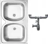 A stainless steel double sink and a plumbing siphon are shown against a white background. Produktbild-Vorschau