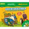 A colorful illustration of a caravan with a dog and a man, promoting an advent calendar with science experiments. Produktbild-Vorschau