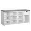 A white shoe rack with a gray cushioned seat on top, against a white background. Náhled obrázku produktu