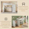 A collage of images showing a white loft bed with a desk and a wardrobe, and descriptive text. Produktbild-Vorschau