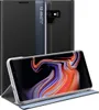 A black flip case for a Samsung Galaxy Note 9 is shown with the phone inside and the screen displaying a colorful abstract image. The case is partially open, revealing the phone and a transparent window on the front cover. Produktbild-Vorschau
