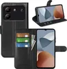 A collage of images showing a black leather wallet-style phone case for a ZTE Blade A54, with the phone inserted and open, as well as a separate view of the case. Produktbild-Vorschau