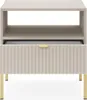 A front view of a beige nightstand with a fluted drawer front and gold legs, set against a white background. Produktbild-Vorschau