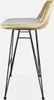 A side view of a single bar stool with a woven rattan back and seat cushion, supported by thin black metal legs. Produktbild-Vorschau