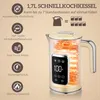 A product image showcasing a kettle with various features highlighted by icons and text. Produktbild-Vorschau
