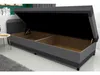 A grey upholstered bed frame with its storage compartment open, revealing two sections. Náhled obrázku produktu